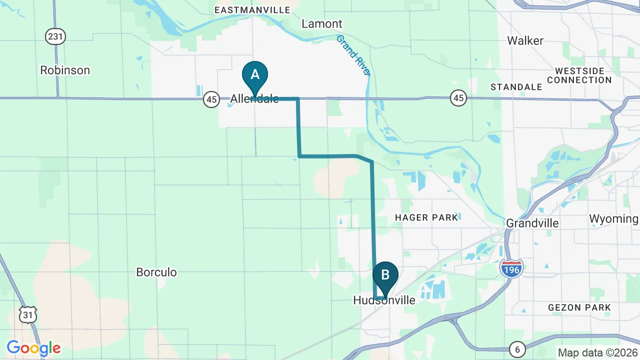 Driving directions map from Allendale, MI to New Beginnings Chiropractic in Hudsonville