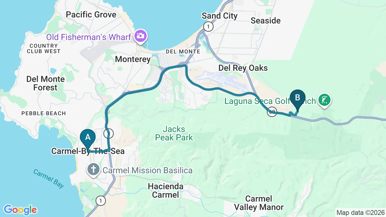 Driving directions map from Carmel-by-the-Sea, CA to New Beginnings Chiropractic in Monterey