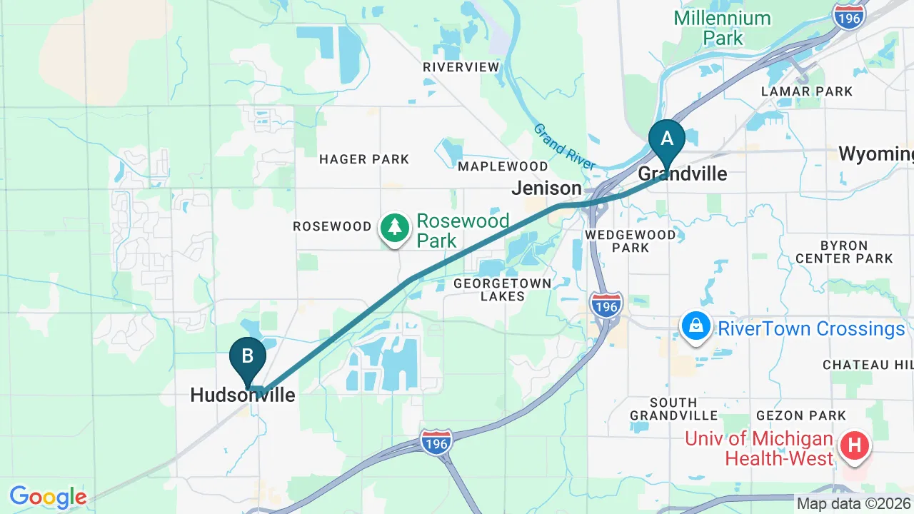 Driving directions map from Grandville, MI to New Beginnings Chiropractic in Hudsonville