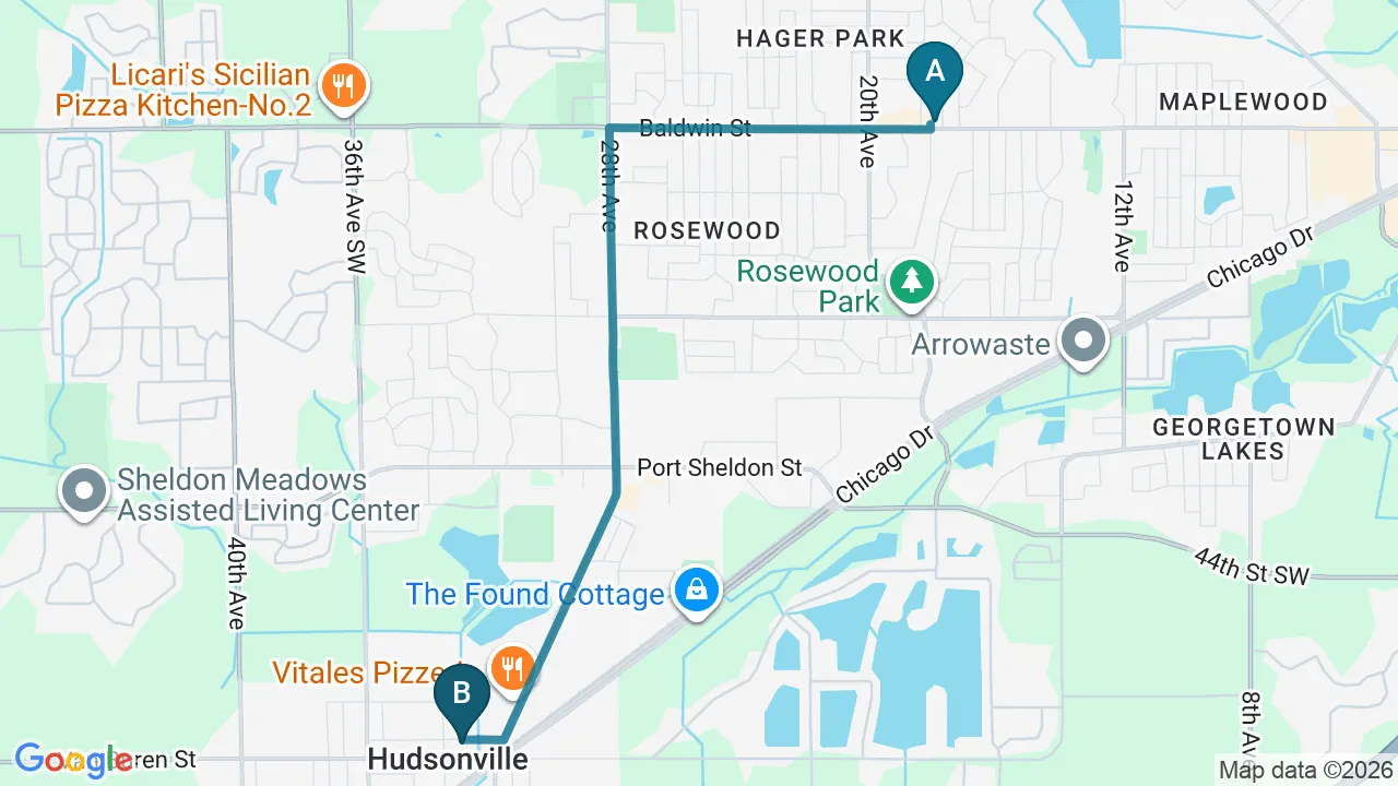 Driving directions map from Jenison, MI to New Beginnings Chiropractic in Hudsonville