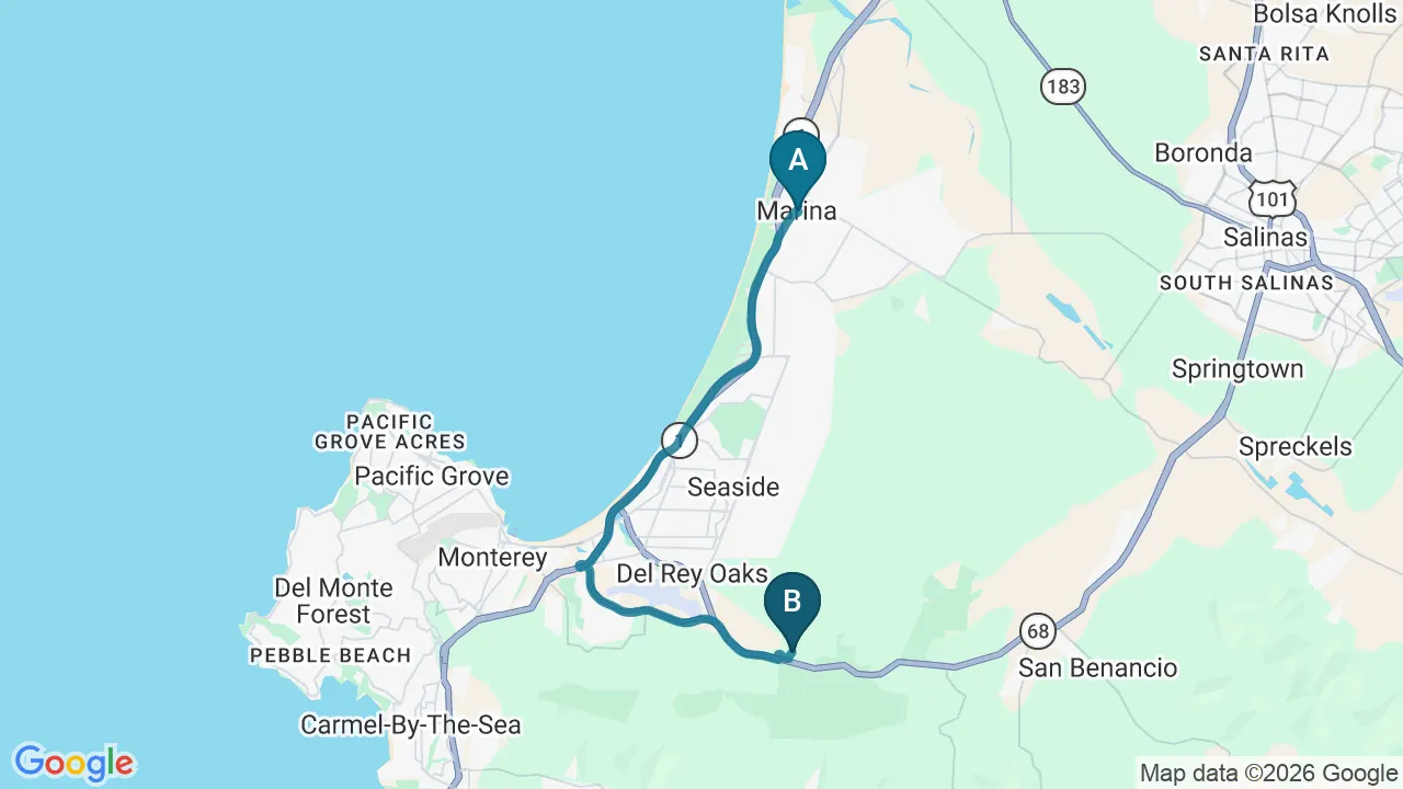 Driving directions map from Marina, CA to New Beginnings Chiropractic in Monterey