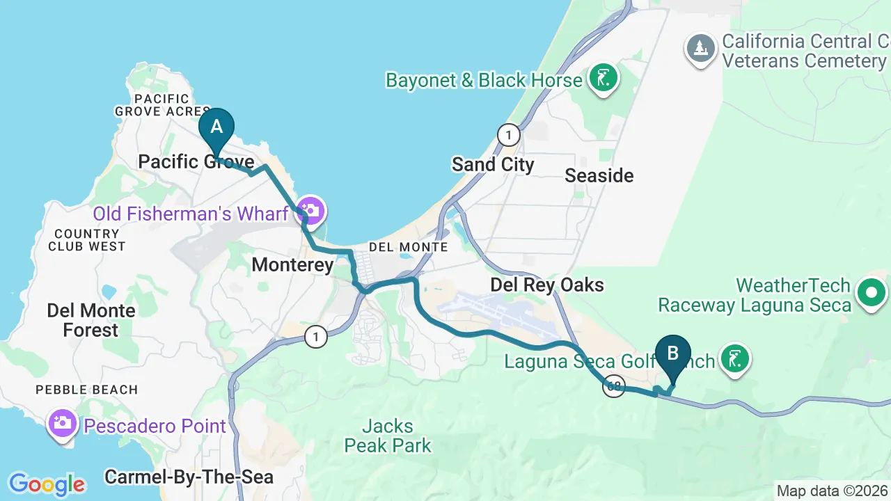 Driving directions map from Pacific Grove, CA to New Beginnings Chiropractic in Monterey