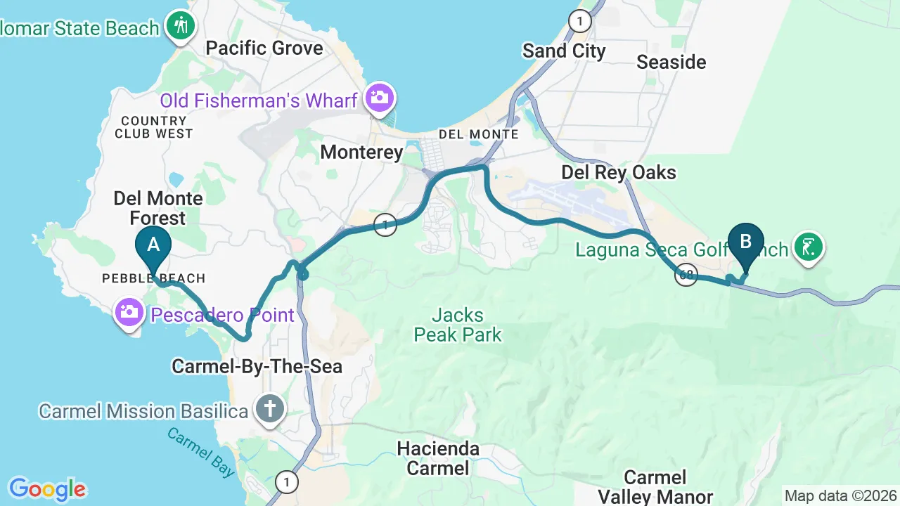 Driving directions map from Pebble Beach, CA to New Beginnings Chiropractic in Monterey