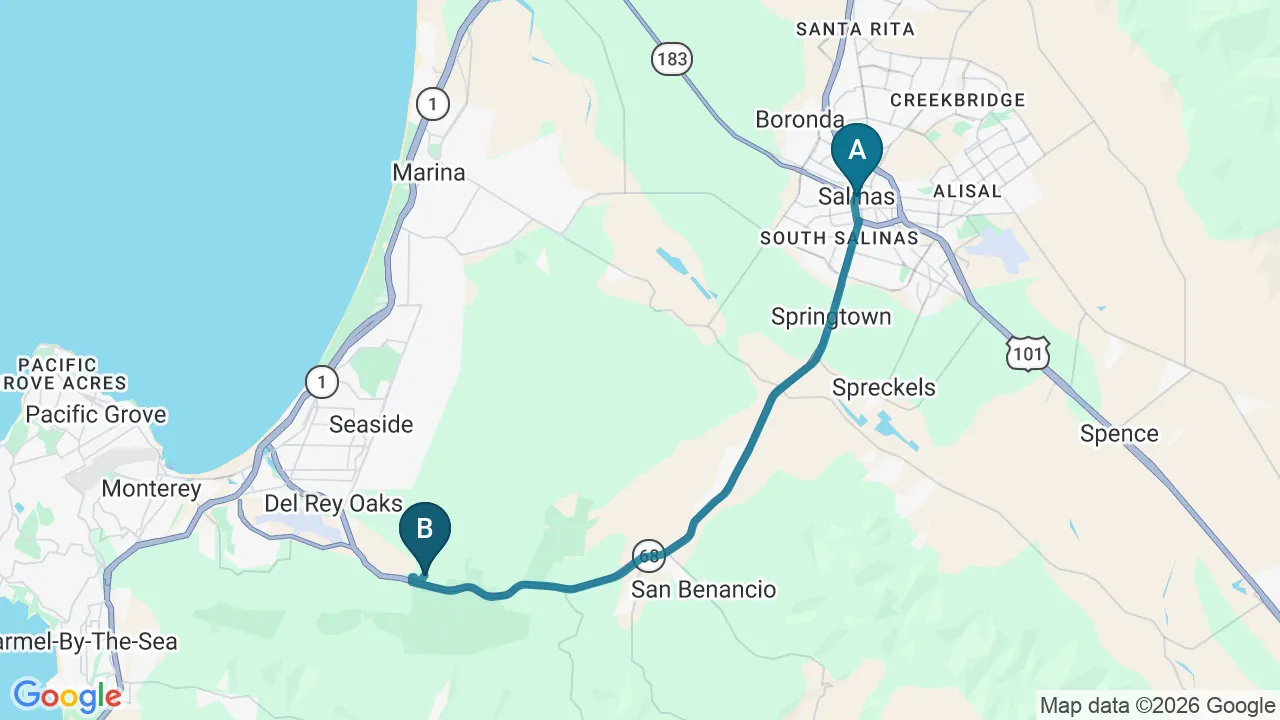 Driving directions map from Salinas, CA to New Beginnings Chiropractic in Monterey