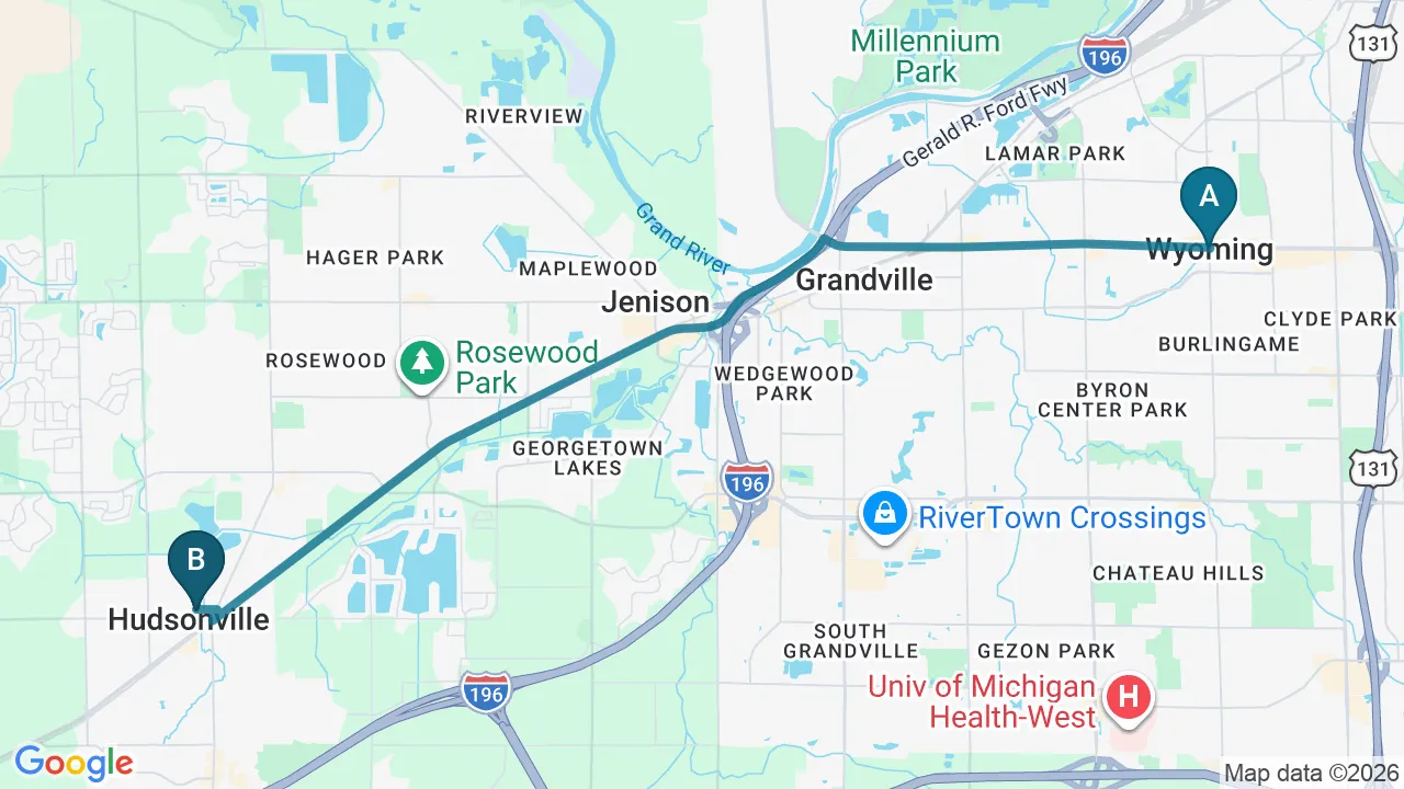 Driving directions map from Wyoming, MI to New Beginnings Chiropractic in Hudsonville