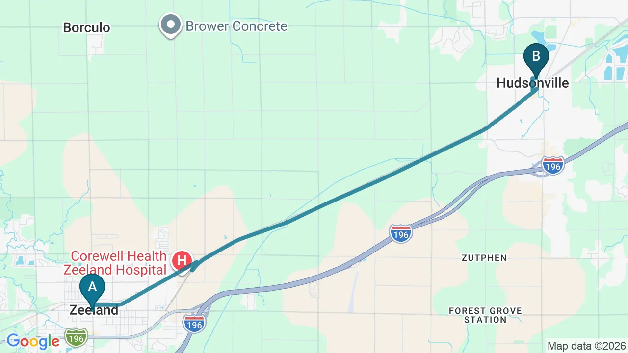 Driving directions map from Zeeland, MI to New Beginnings Chiropractic in Hudsonville